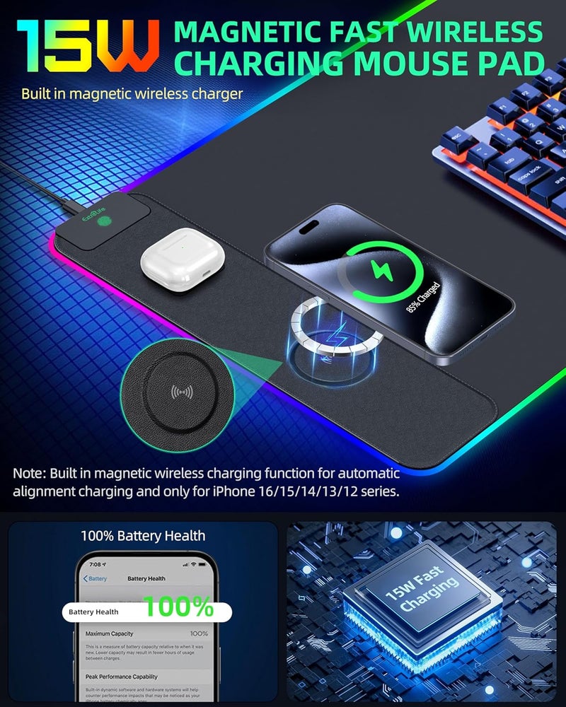 ExtreLife Mouse Pad with Wireless Charging, RGB Gaming Desk Mat, 31.5"x15.7" Large XXL Desk Pad, 15 Lighting Modes, Non-Slip Mouse Mat, Waterproof Computer Keyboard Pad, Black with 20W PD Power Adapter - Image 2